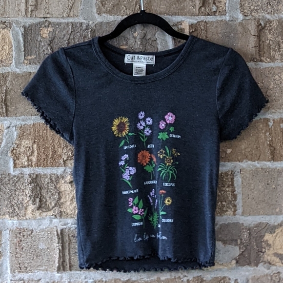 Cut & Paste Tops - Cut & Paste Retro Y2K Wild Flower Garden Crop Top Gray XS